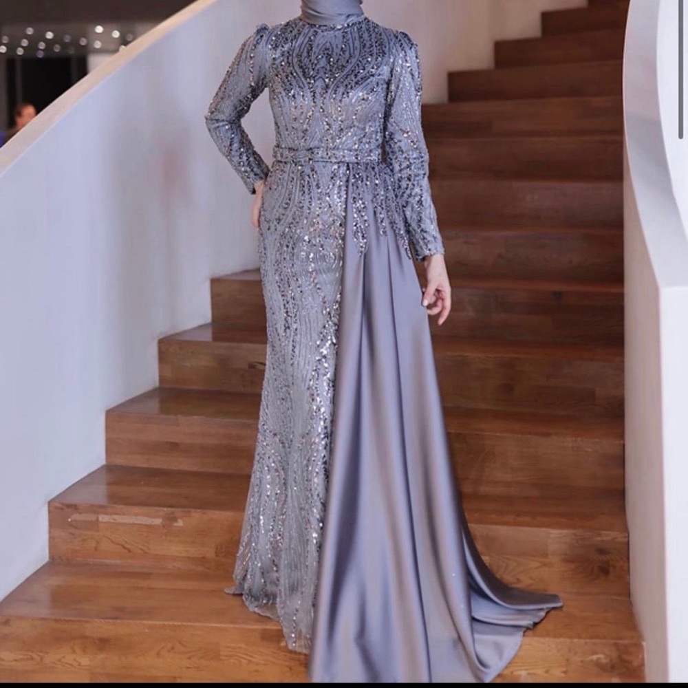 Silver sequin long sleeve gown with removable skirt